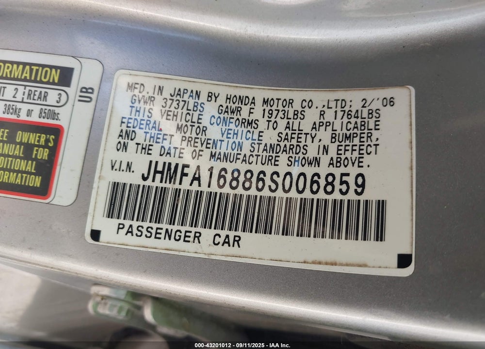 2006 HONDA CIVIC EX VIN: JHMFA16886S006859