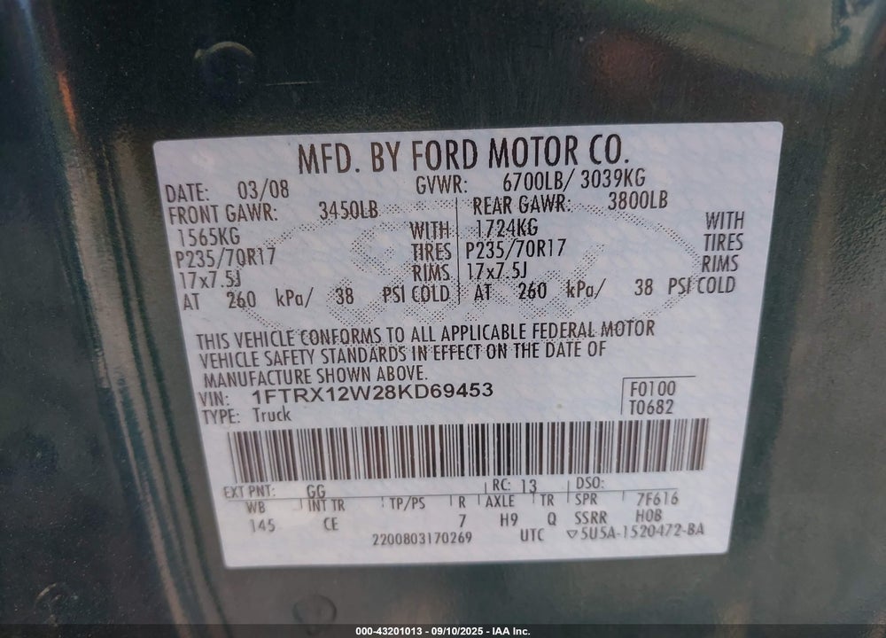 2008 FORD F-150 VIN: 1FTRX12W28KD69453