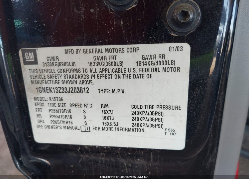 2003 CHEVROLET TAHOE LT VIN: 1GNEK13Z33J203812