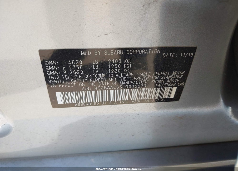 2020 SUBARU LEGACY VIN: 4S3BWAC65L3012273