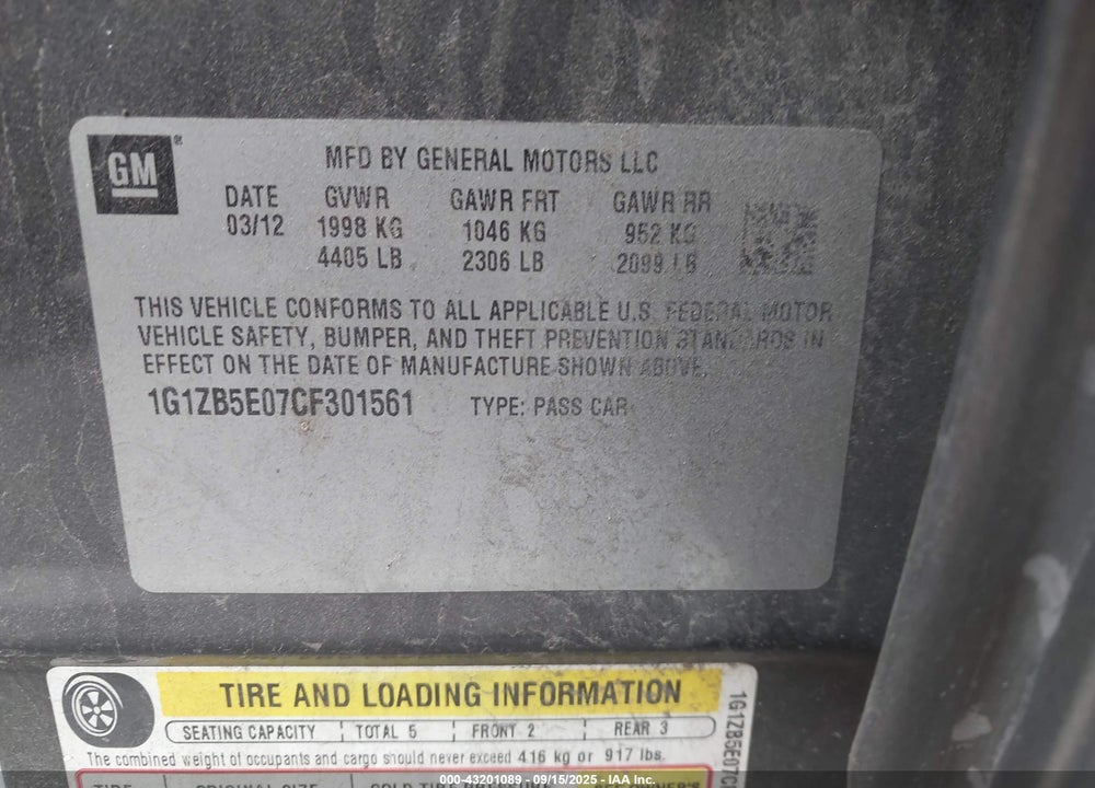 2012 CHEVROLET MALIBU VIN: 1G1ZB5E07CF301561