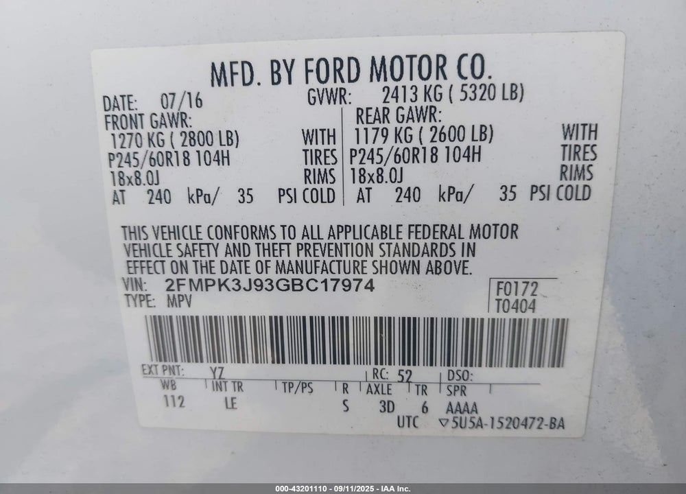 2016 FORD EDGE VIN: 2FMPK3J93GBC17974