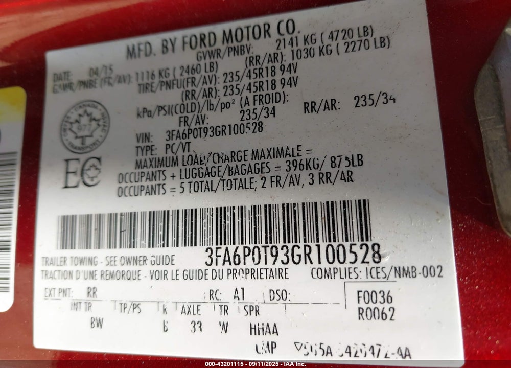2016 FORD FUSION VIN: 3FA6P0T93GR100528