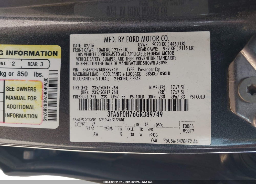 2016 FORD FUSION VIN: 3FA6P0H76GR389749