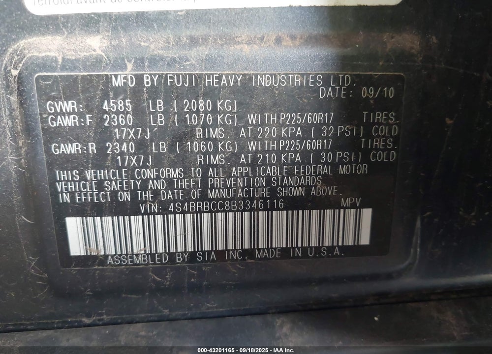 2011 SUBARU OUTBACK VIN: 4S4BRBCC8B3346116