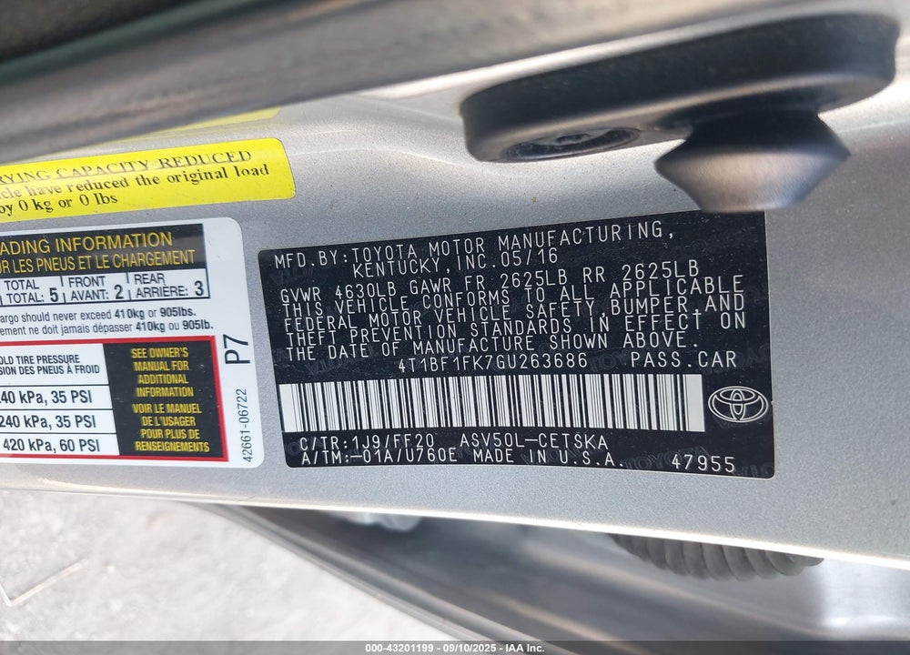 2016 TOYOTA CAMRY SE VIN: 4T1BF1FK7GU263686