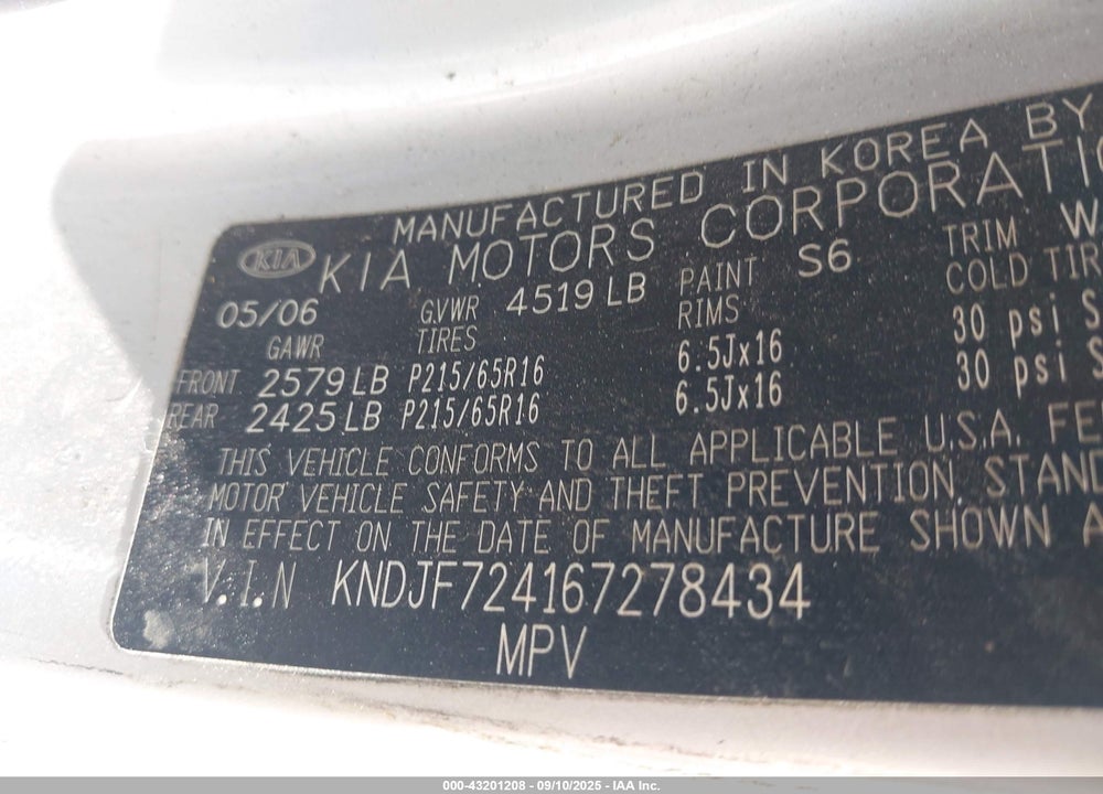 2006 KIA SPORTAGE LX VIN: KNDJF724167278434