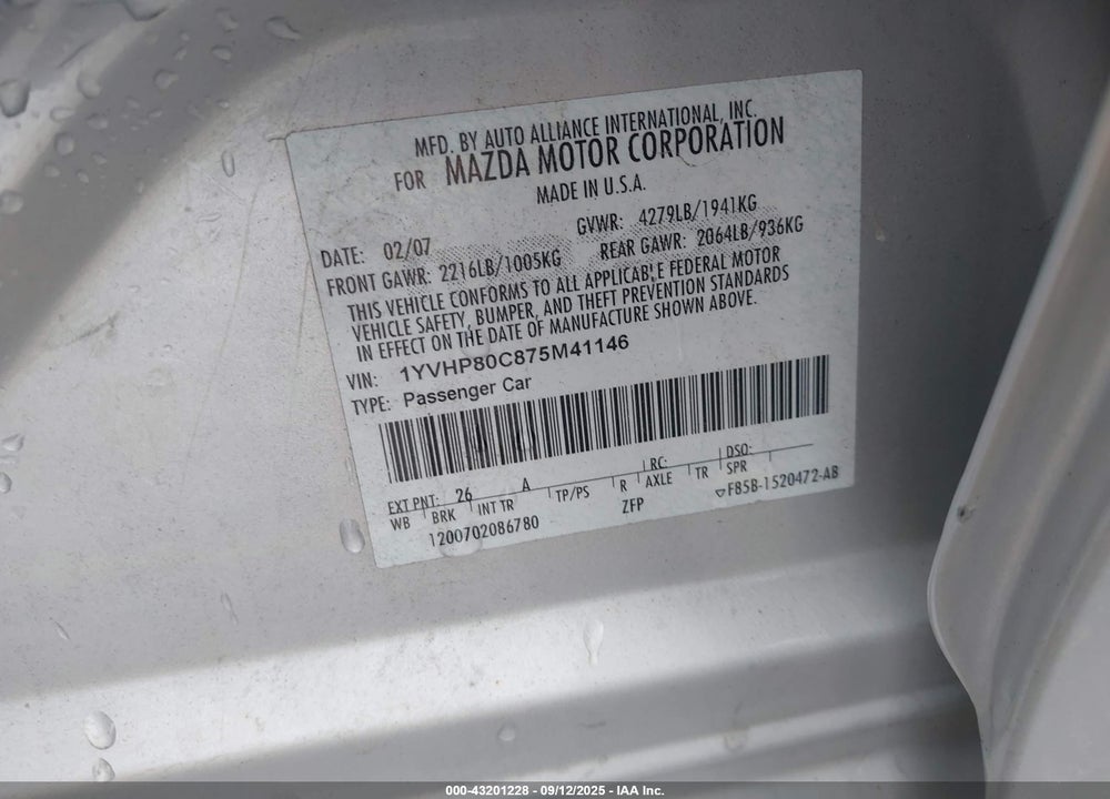 2007 MAZDA 6 I SPORT VE VIN: 1YVHP80C875M41146