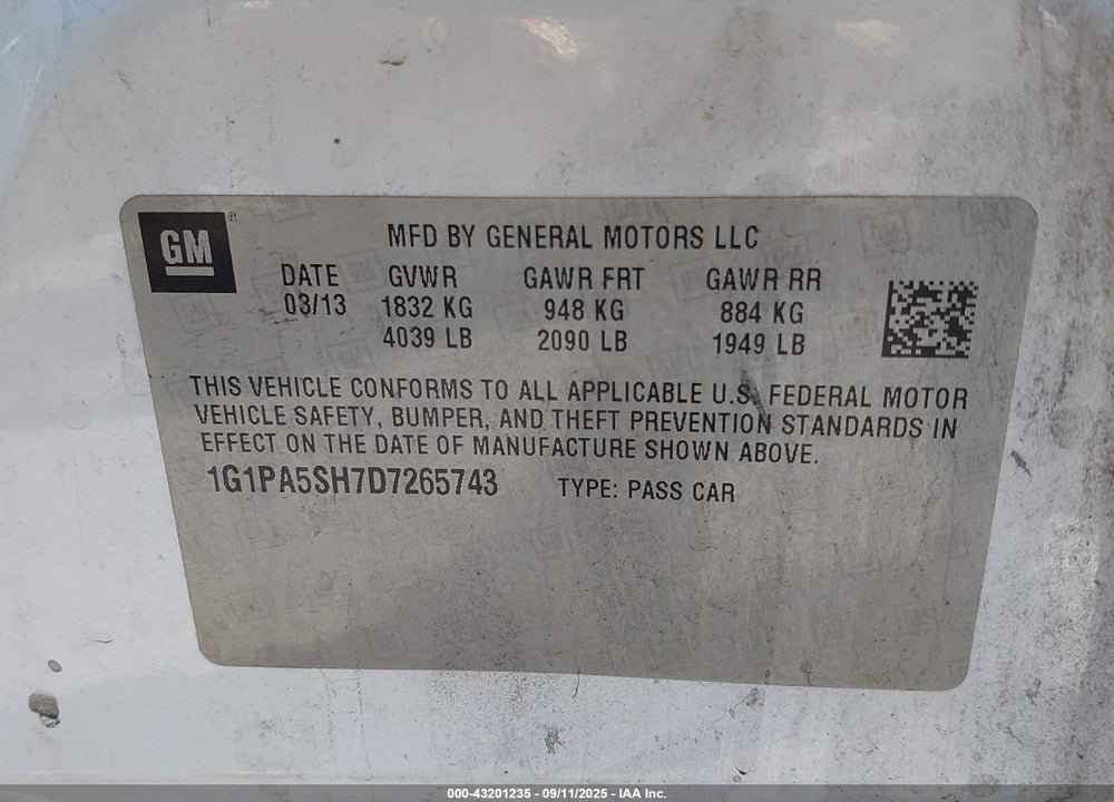 2013 CHEVROLET CRUZE VIN: 1G1PA5SH7D7265743