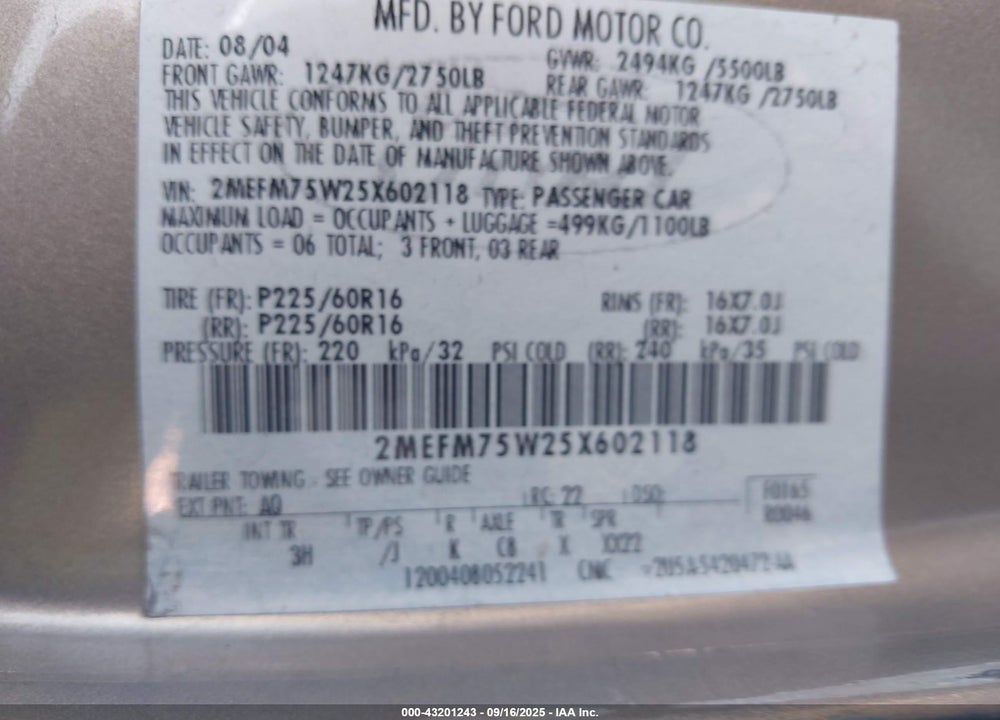 2005 MERCURY GRAND MARQUIS LS/LSE VIN: 2MEFM75W25X602118