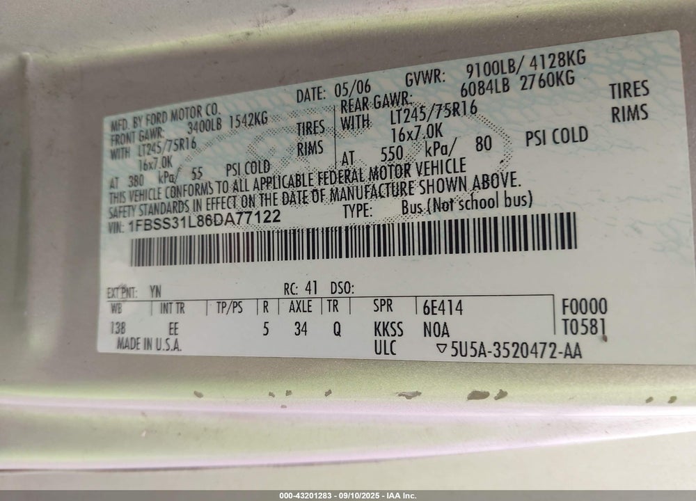 2006 FORD E-350 SUPER DUTY XL/XLT VIN: 1FBSS31L86DA77122