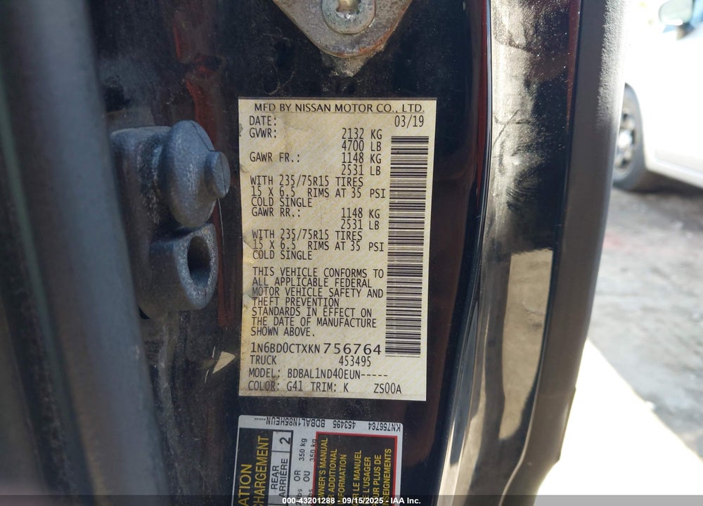 2019 NISSAN FRONTIER VIN: 1N6BD0CTXKN756764