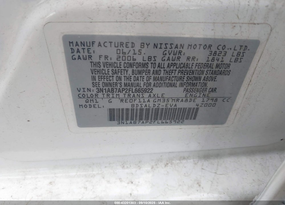 2015 NISSAN SENTRA FE+ S/S/SL/SR/SV VIN: 3N1AB7AP2FL665922