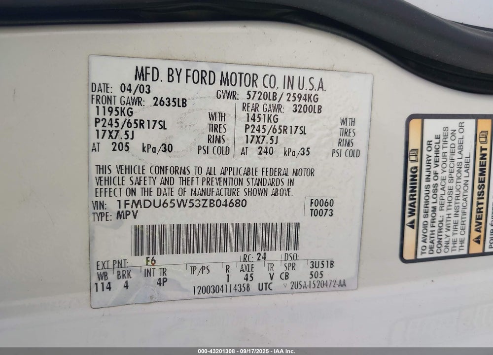2003 FORD EXPLORER LIMITED VIN: 1FMDU65W53ZB04680