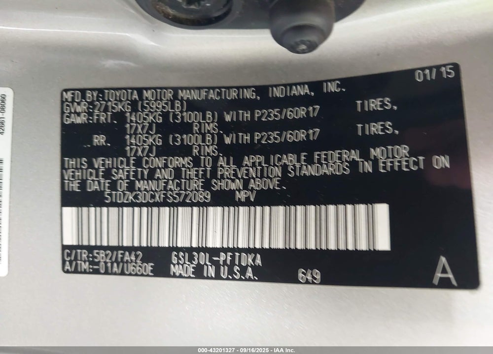 2015 TOYOTA SIENNA VIN: 5TDZK3DCXFS572089