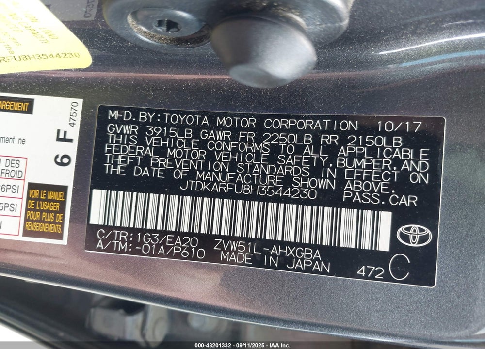 2017 TOYOTA PRIUS FOUR VIN: JTDKARFU8H3544230