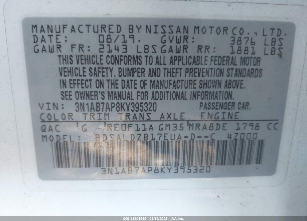 2019 NISSAN SENTRA VIN: 3N1AB7AP8KY395320