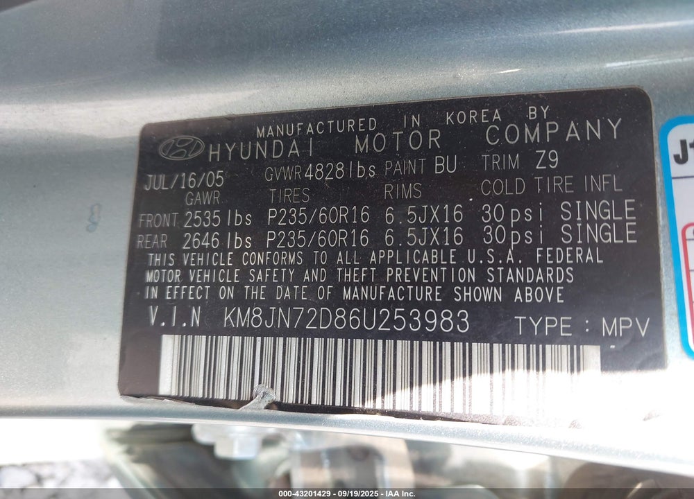 2006 HYUNDAI TUCSON GLS/LIMITED VIN: KM8JN72D86U253983