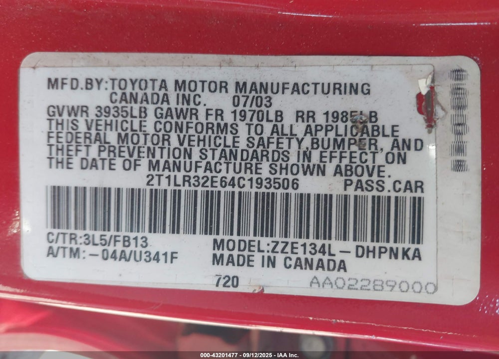 2004 TOYOTA MATRIX/XR VIN: 2T1LR32E64C193506