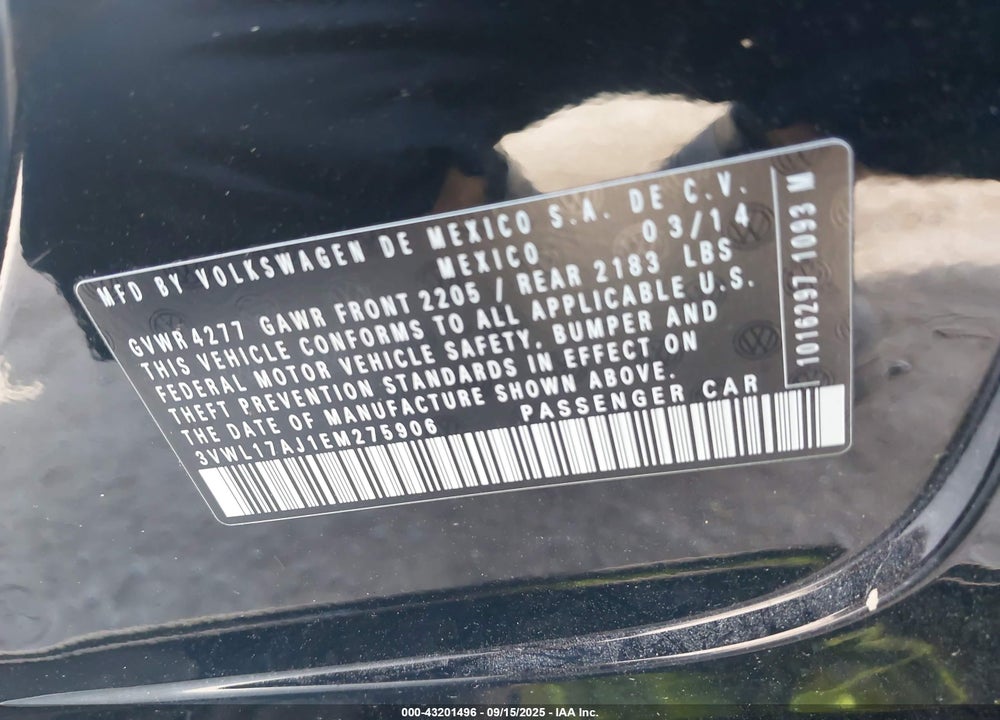 2014 VOLKSWAGEN JETTA VIN: 3VWL17AJ1EM275906