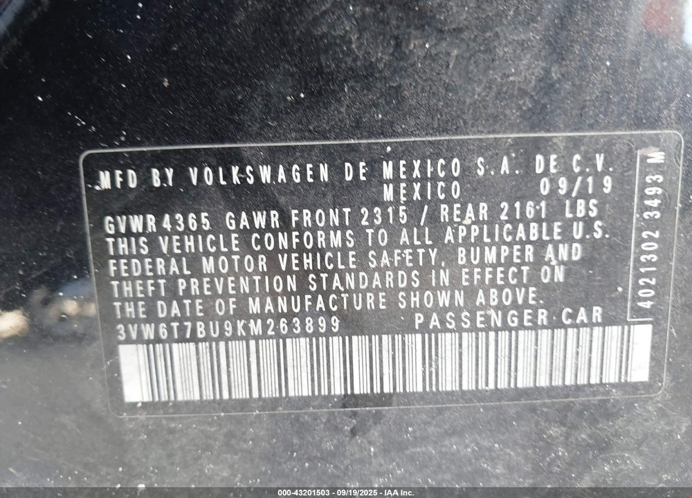 2019 VOLKSWAGEN JETTA VIN: 3VW6T7BU9KM263899