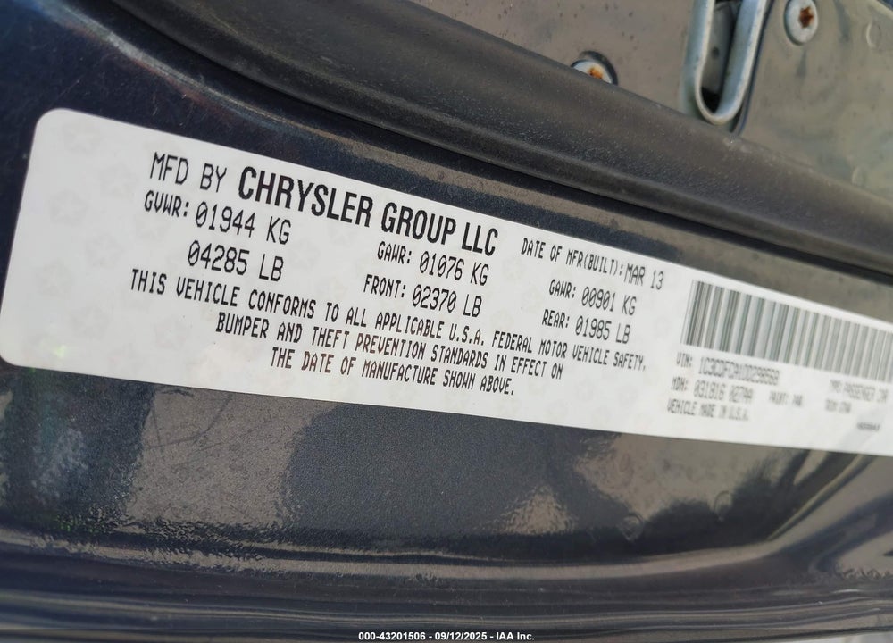 2013 DODGE DART VIN: 1C3CDFCA1DD298568