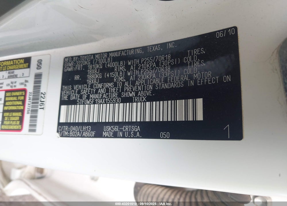 2010 TOYOTA TUNDRA VIN: 5TFUW5F19AX155930