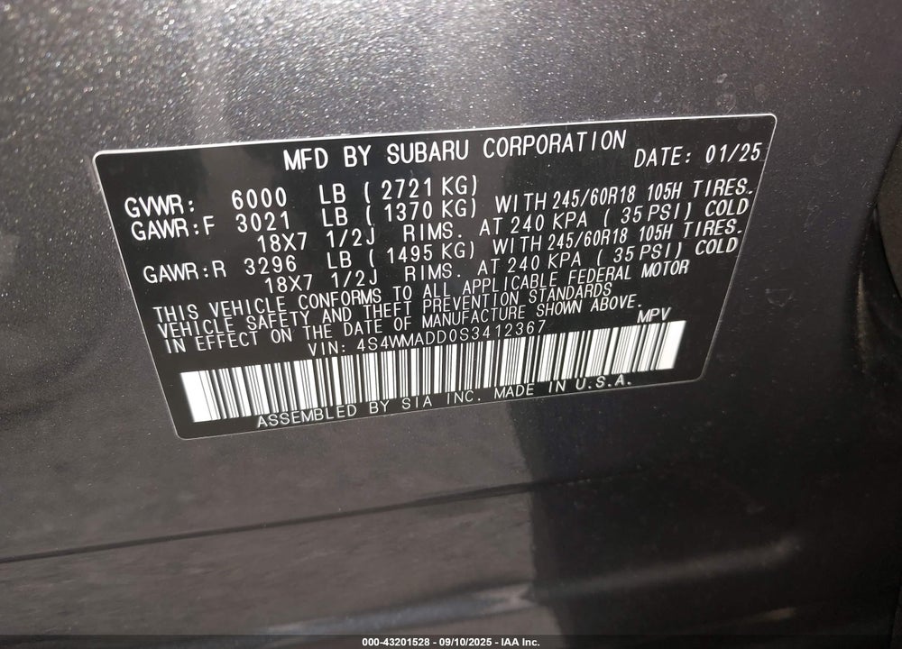 2025 SUBARU ASCENT VIN: 4S4WMADD0S3412367