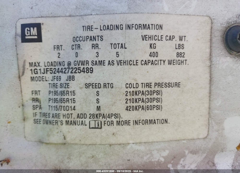 2002 CHEVROLET CAVALIER VIN: 1G1JF524427225489