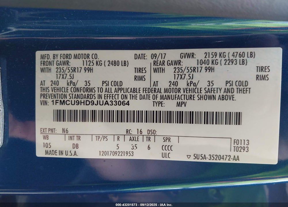 2018 FORD ESCAPE VIN: 1FMCU9HD9JUA33064