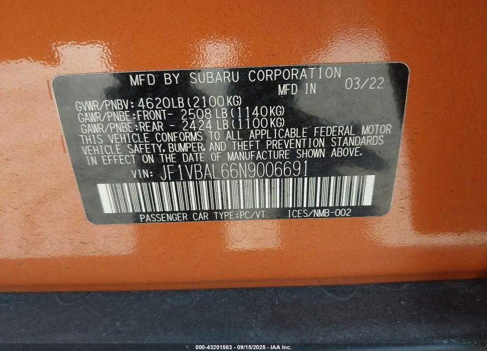 2022 SUBARU WRX VIN: JF1VBAL66N9006691