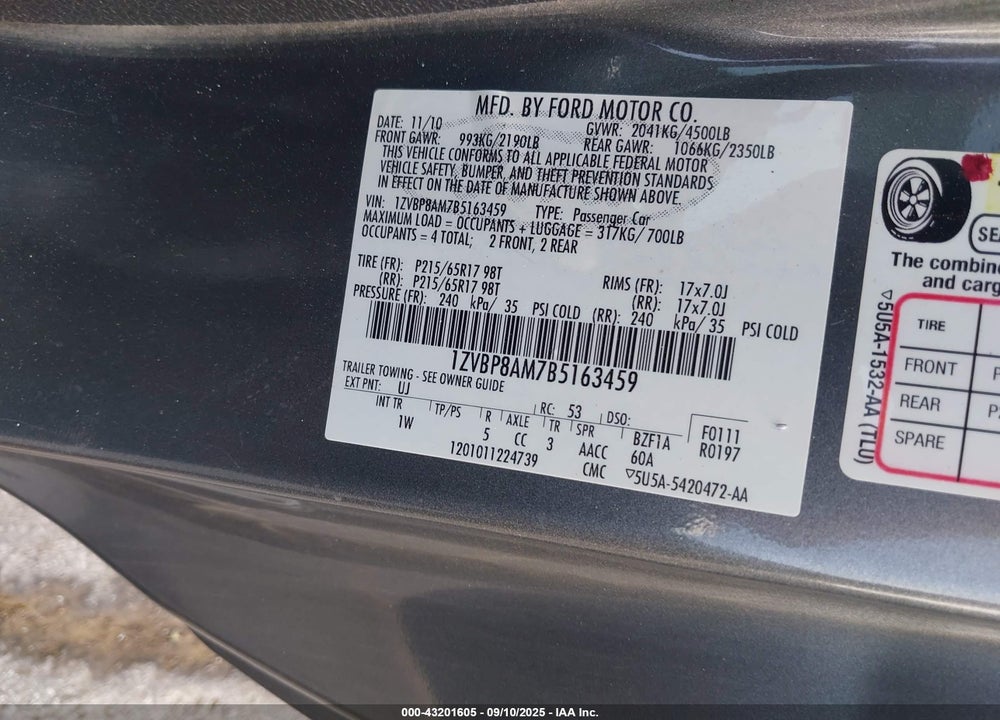 2011 FORD MUSTANG VIN: 1ZVBP8AM7B5163459