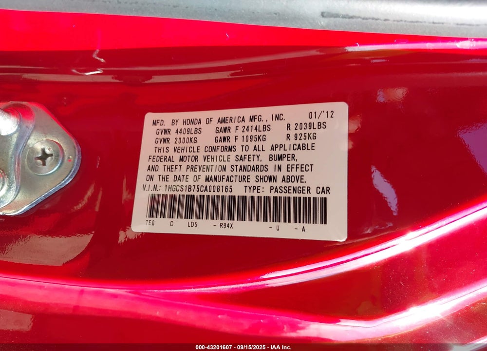 2012 HONDA ACCORD VIN: 1HGCS1B75CA008165