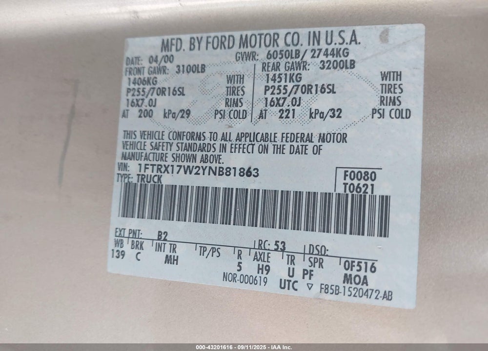 2000 FORD F-150 VIN: 1FTRX17W2YNB81863