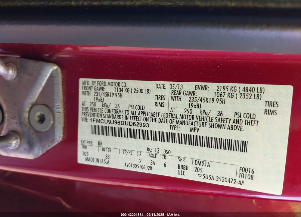 2013 FORD ESCAPE VIN: 1FMCU9J96DUD62993