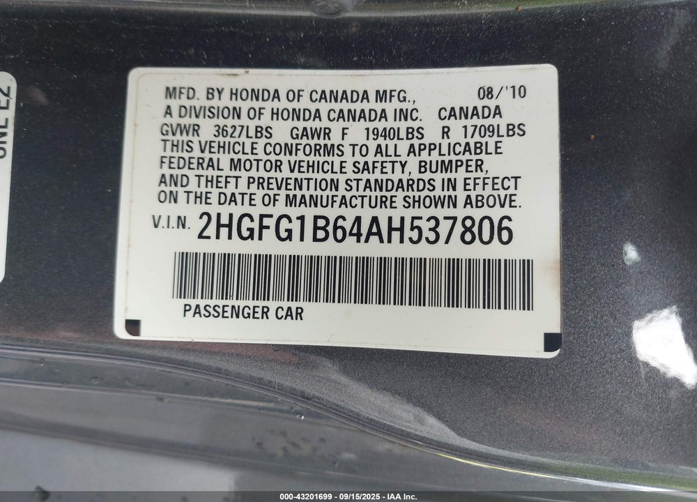 2010 HONDA CIVIC VIN: 2HGFG1B64AH537806