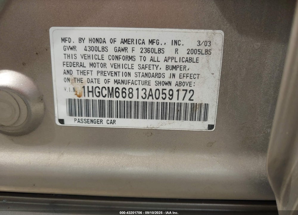 2003 HONDA ACCORD 3.0 EX VIN: 1HGCM66813A059172