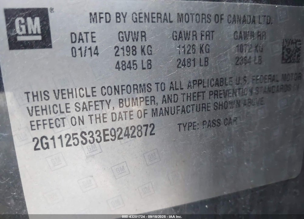 2014 CHEVROLET IMPALA VIN: 2G1125S33E9242872