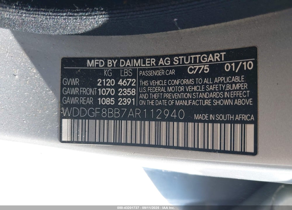 2010 MERCEDES-BENZ C CLASS VIN: WDDGF8BB7AR112940