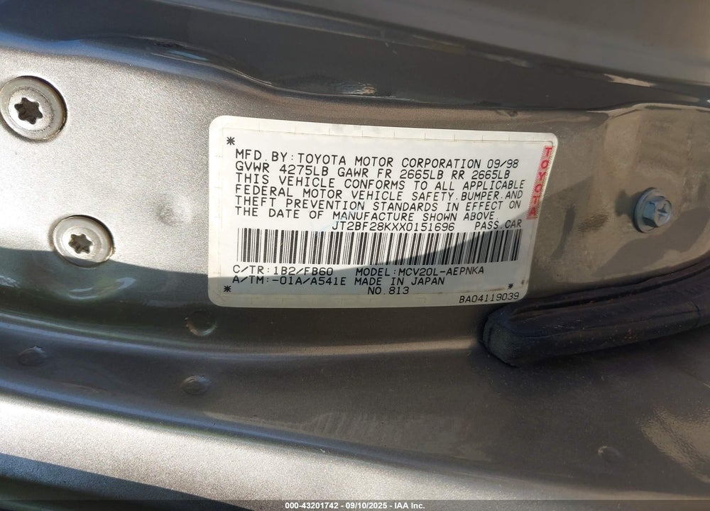 1999 TOYOTA CAMRY LE V6 VIN: JT2BF28KXX0151696
