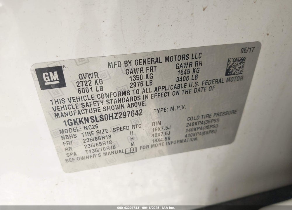 2017 GMC ACADIA VIN: 1GKKNSLS0HZ297642
