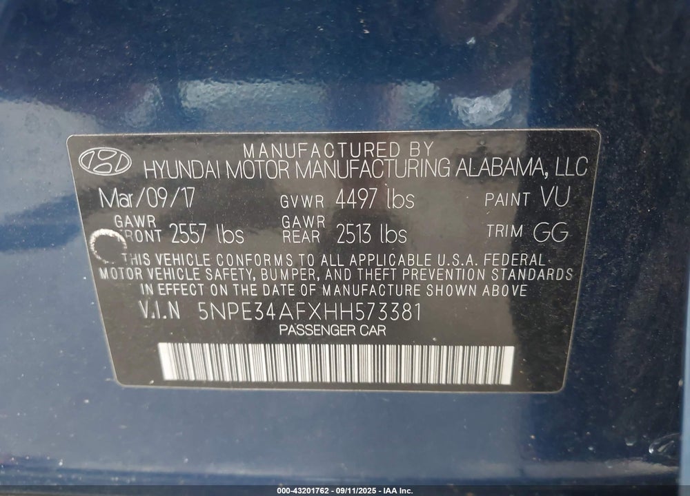 2017 HYUNDAI SONATA SPORT VIN: 5NPE34AFXHH573381