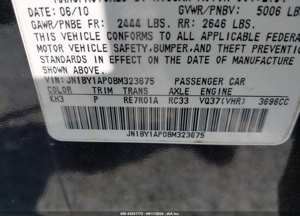 2011 INFINITI M37 VIN: JN1BY1AP0BM323675