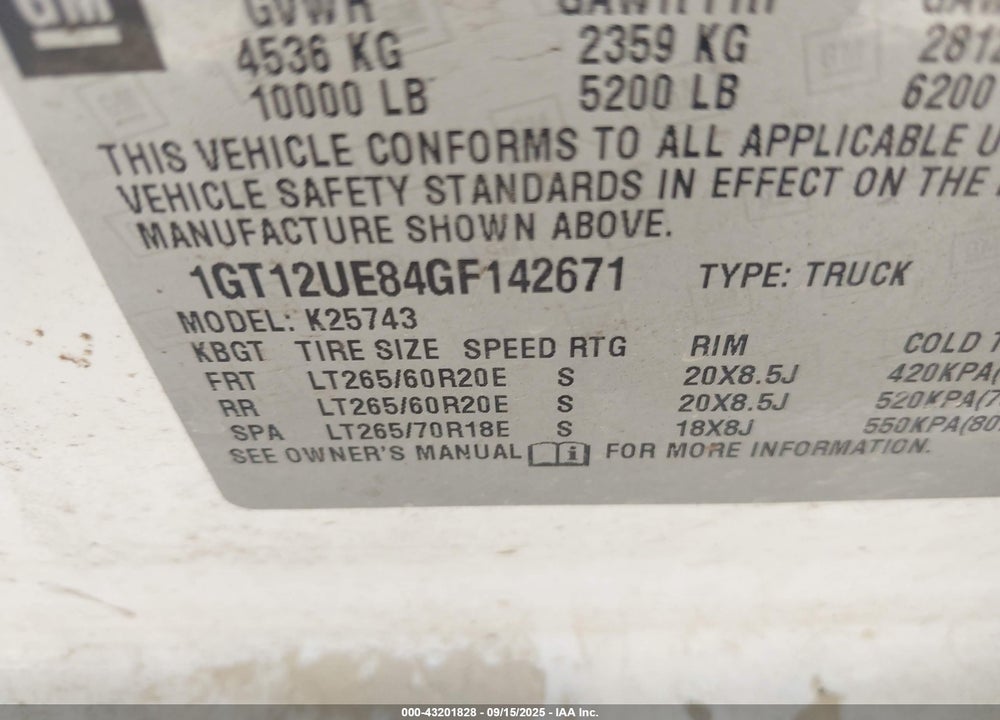 2016 GMC SIERRA VIN: 1GT12UE84GF142671