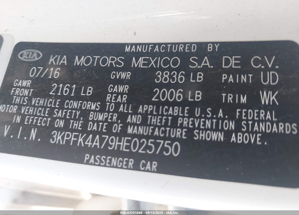 2017 KIA FORTE VIN: 3KPFK4A79HE025750