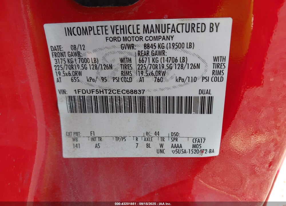 2012 FORD F-550 CHASSIS XL VIN: 1FDUF5HT2CEC68837