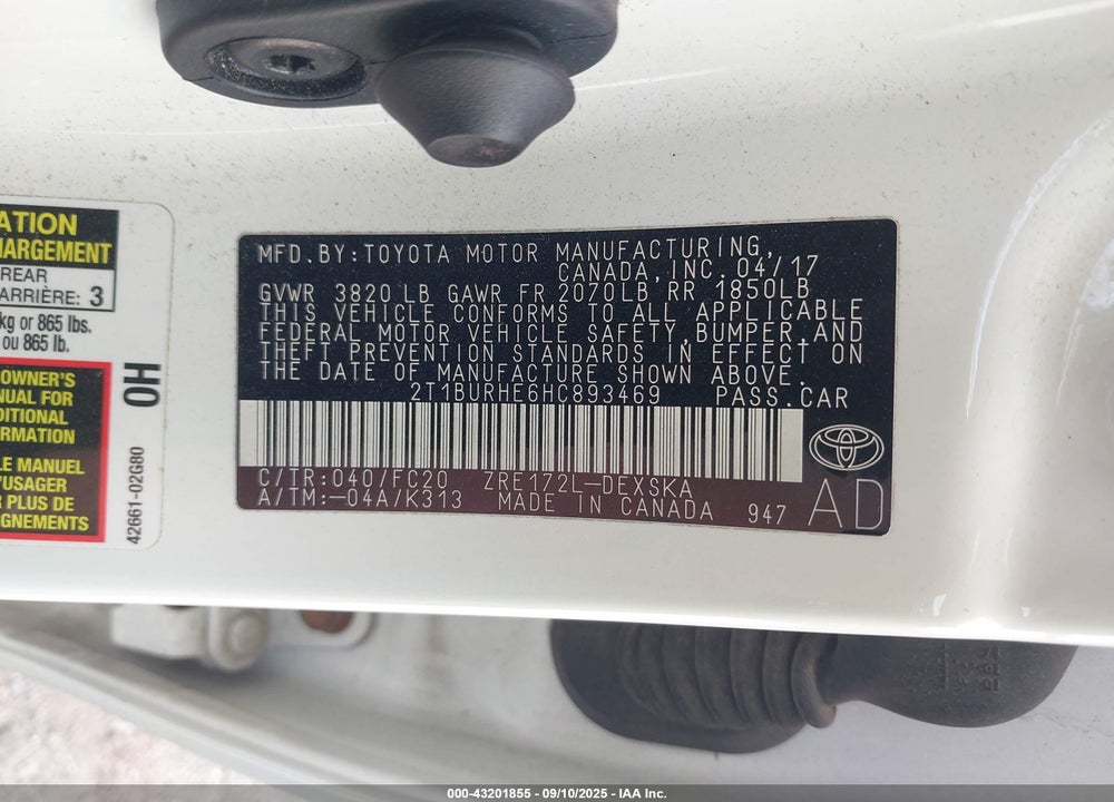 2017 TOYOTA COROLLA VIN: 2T1BURHE6HC893469