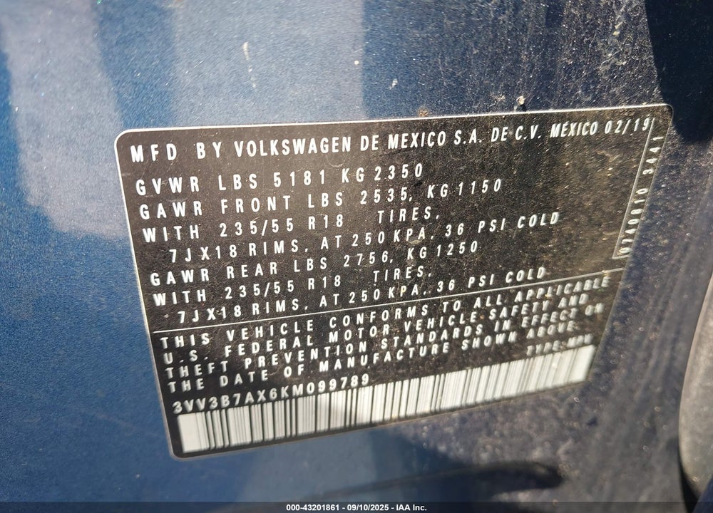 2019 VOLKSWAGEN TIGUAN 2.0T SE/2.0T SEL/2.0T SEL R-LINE/2.0T SEL R-LINE BLACK VIN: 3VV3B7AX6KM099789