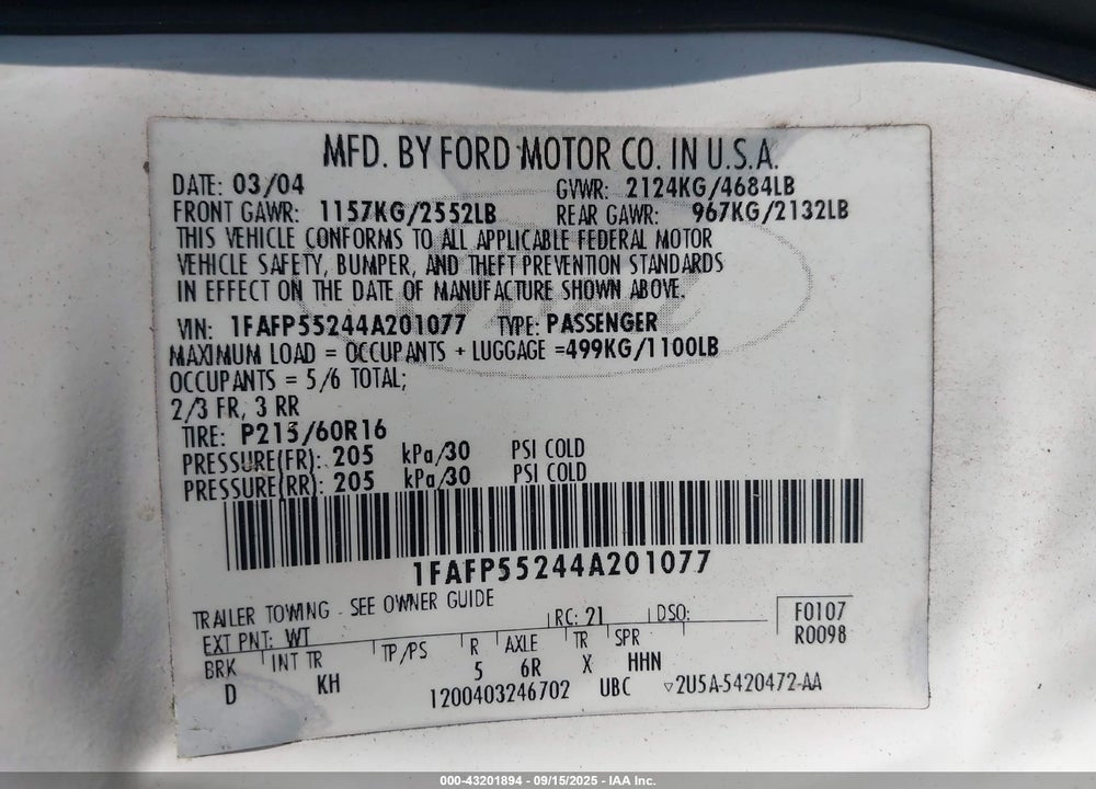 2004 FORD TAURUS SES VIN: 1FAFP55244A201077
