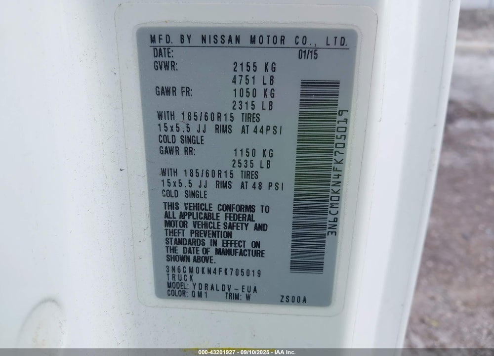 2015 NISSAN NV200 S/SV VIN: 3N6CM0KN4FK705019